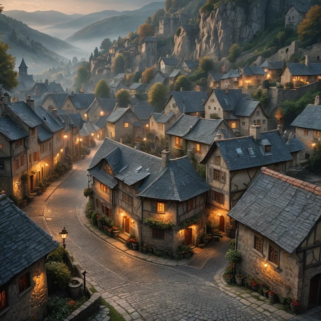 Misty European Village in Cinematic HDR Style