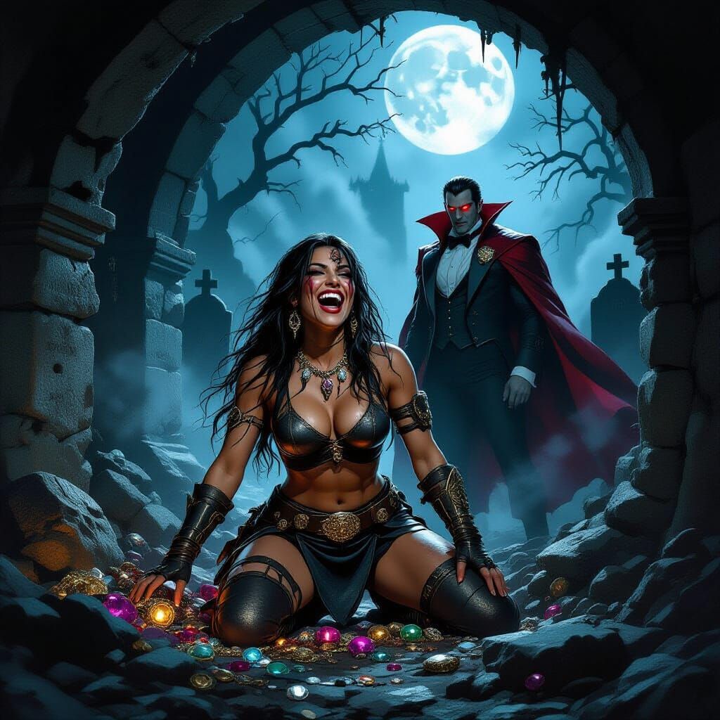 Barbarian Woman Steals Treasure While Dracula Watches