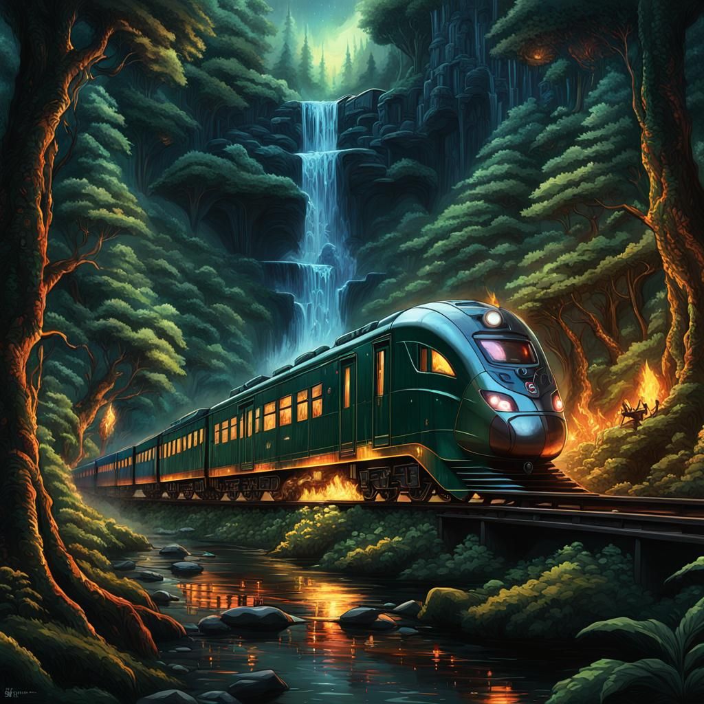 Futuristic Train Through Elf Forest at Night