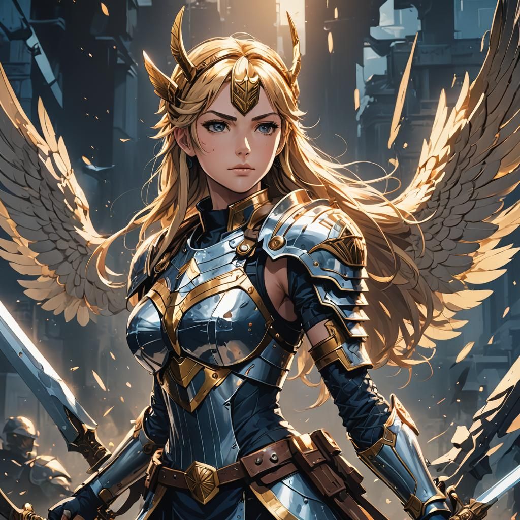 Anime Valkyrie Ready for Battle in Cel-Shaded Style