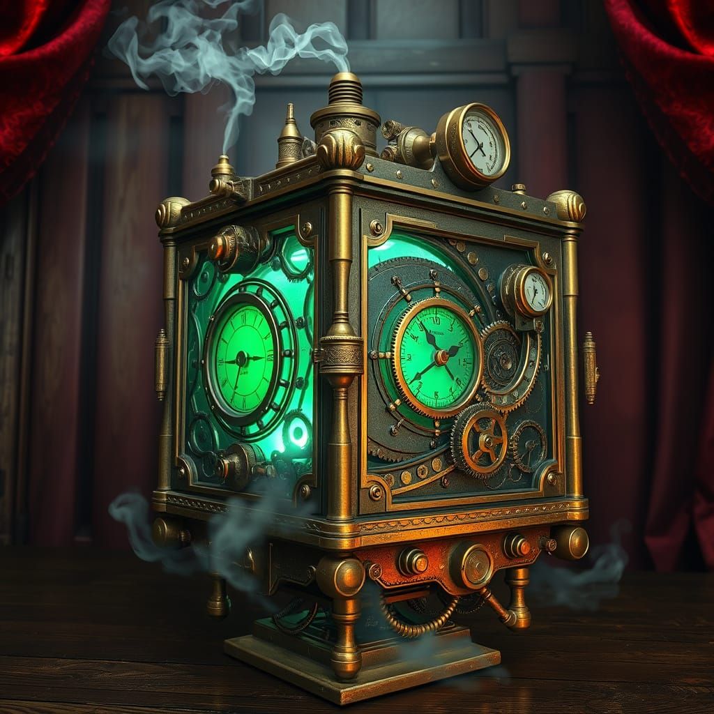 Steampunk Cube Artifact with Intricate Gears and Brass Fixtu...