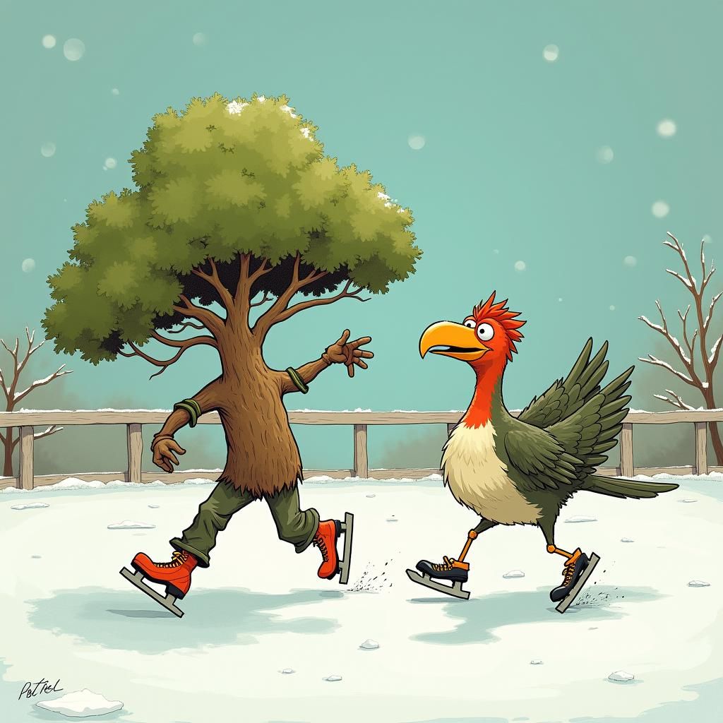 Bonsai Tree and Bird Ice Skating Extravaganza