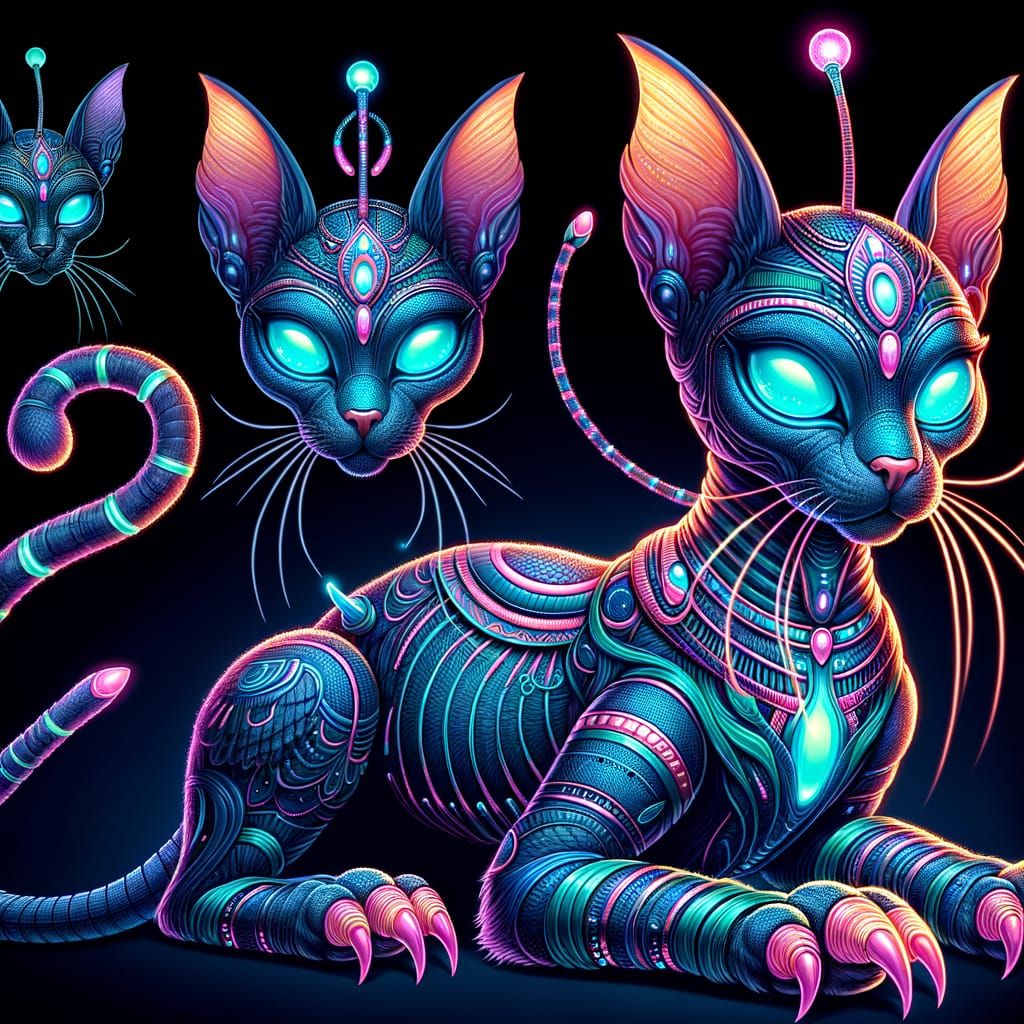 Alien Cat with Neon Fur and Egyptian Goddess Style