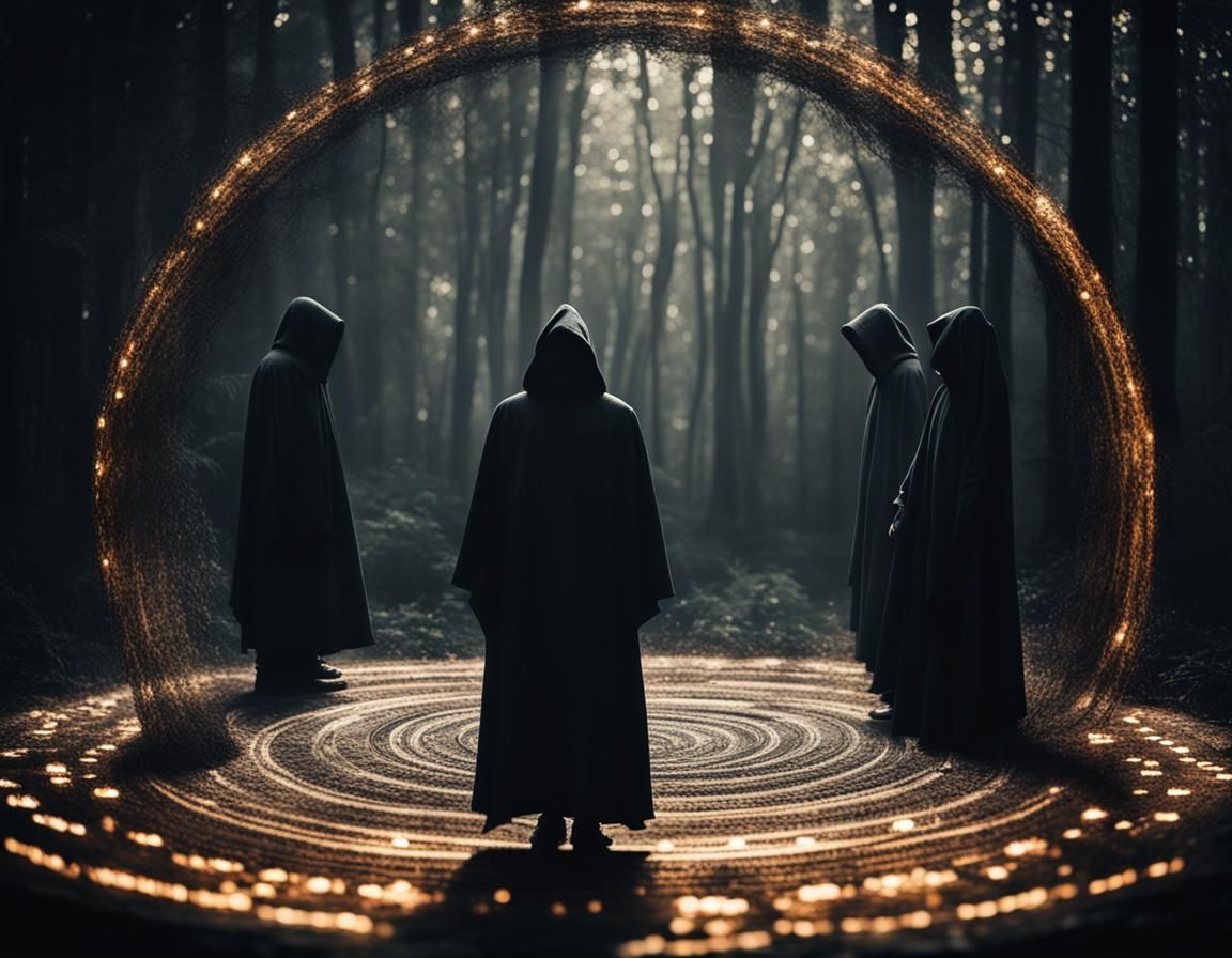 Enigmatic Hooded Figures Around Magic Circle