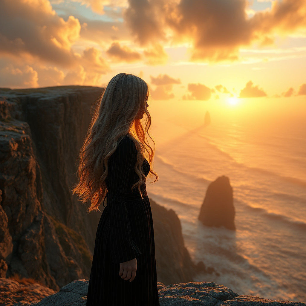 Woman at Cliffside Sunrise in Hyper-Realistic Style