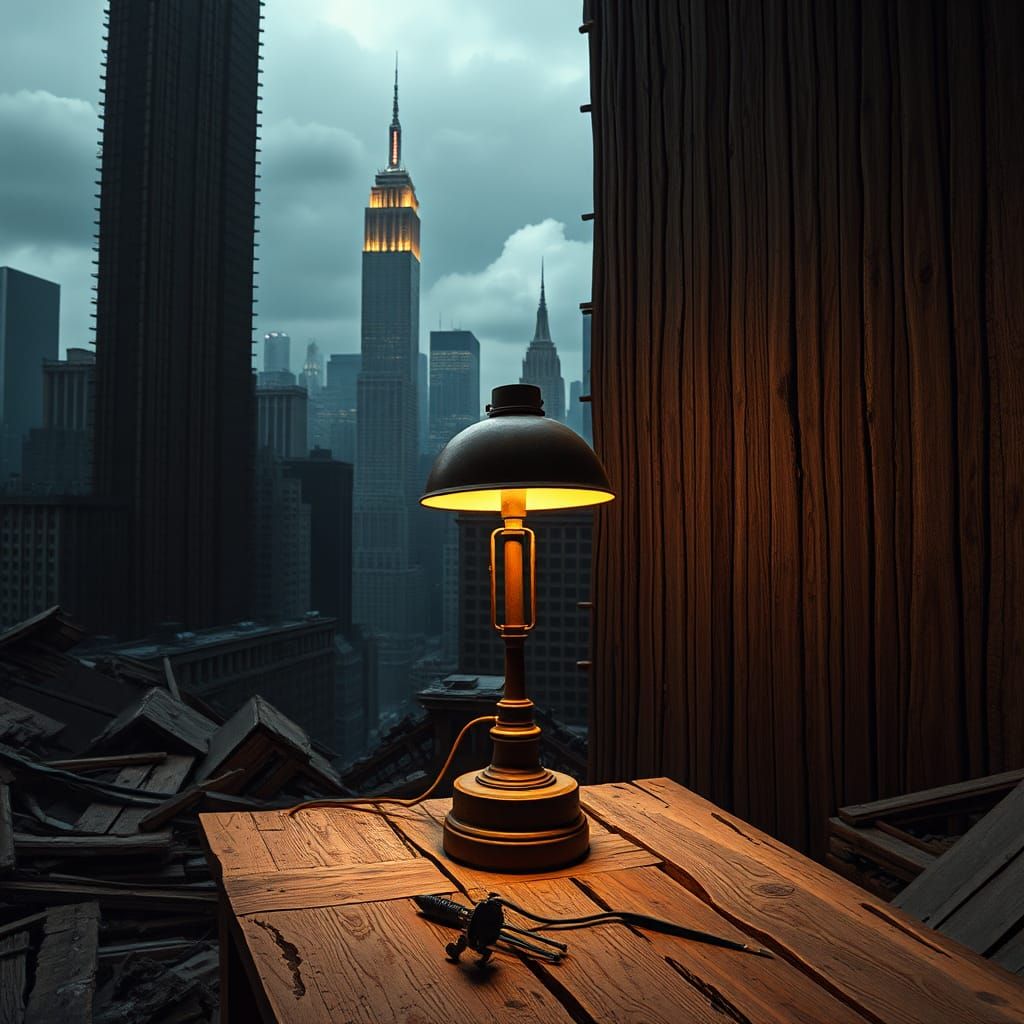 Industrial Lamp in Ruined City, Pop-Art Style