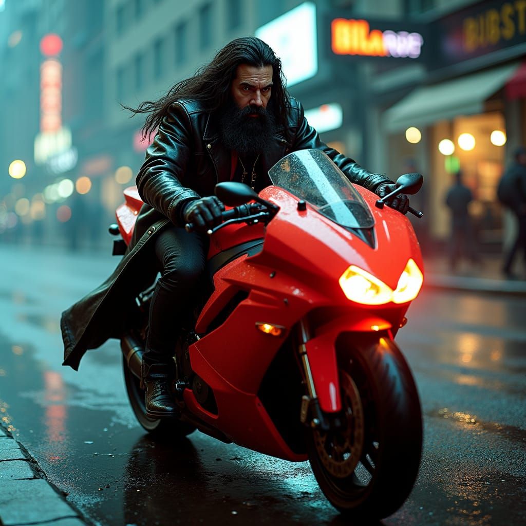 Rubeus Hagrid riding Sirius Black futuristic motorcycle.