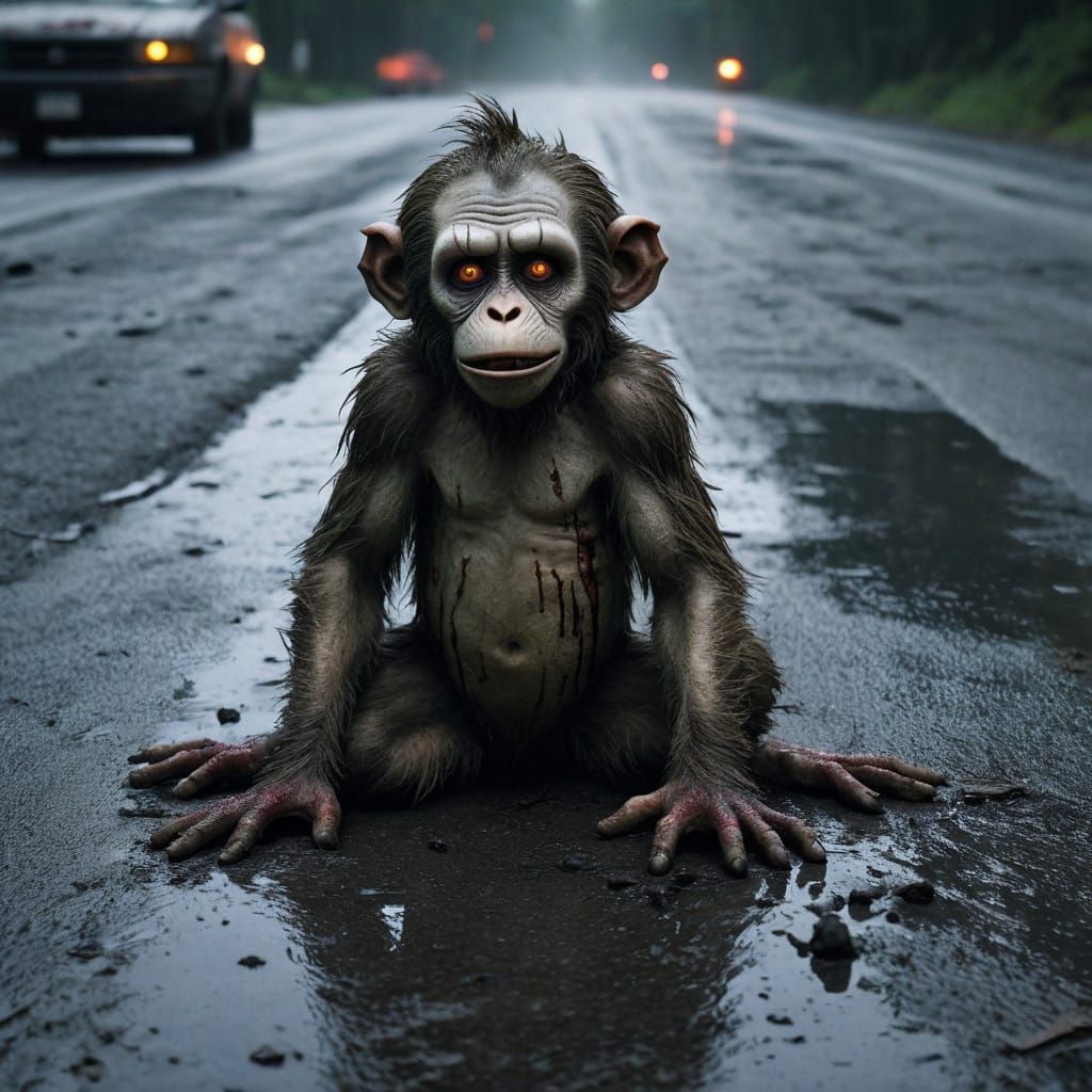 Grotesque Zombie Monkey Toddler in Abandoned Clown Costume