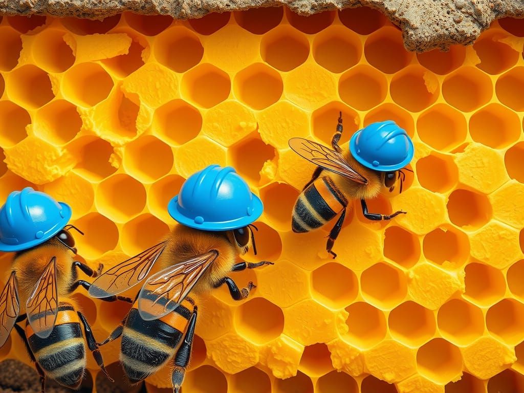 Busy Bees Build Honeycomb Walls in Vibrant Blue