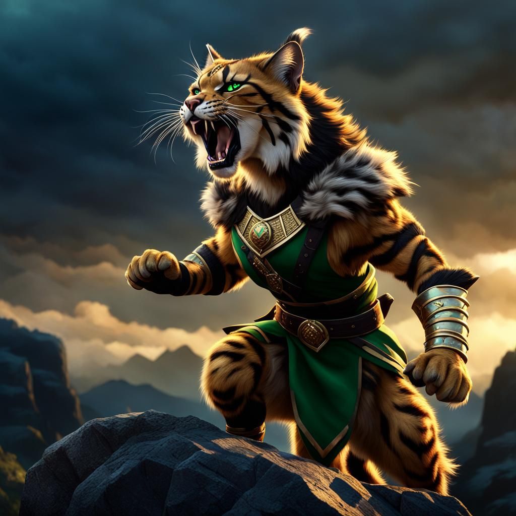 Fierce Tabaxi Barbarian Roaring in a Storm: Fauvist Expressi...