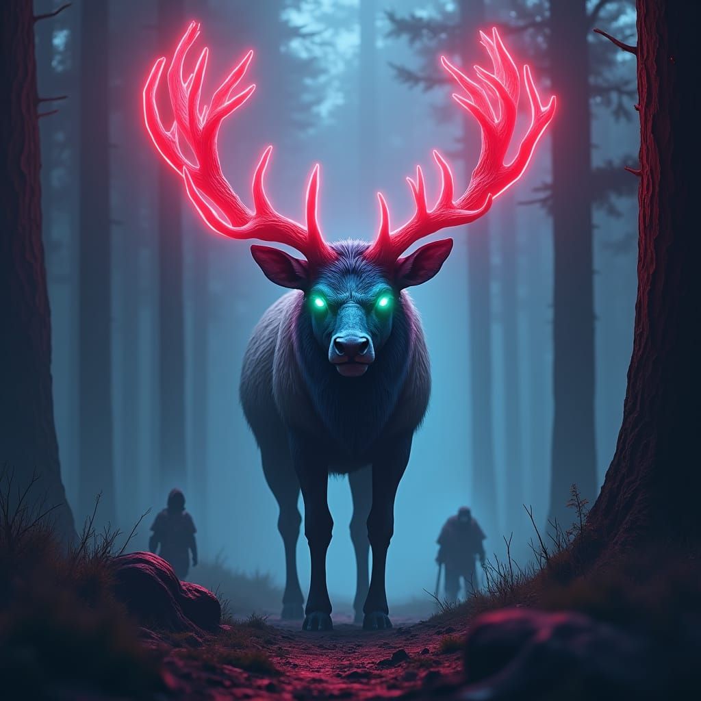 Neon Elk Devouring Humanoids in Eerie Landscape