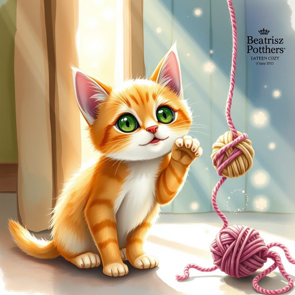 Whimsical Kitten Playing with Yarn, Beatrix Potter Style