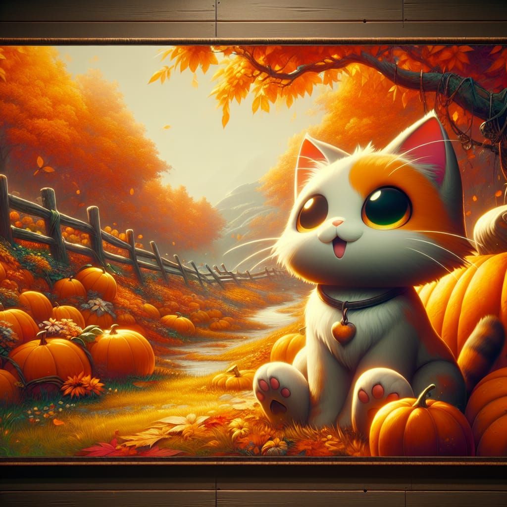 Cartoon Cat in Autumn Fantasy Landscape