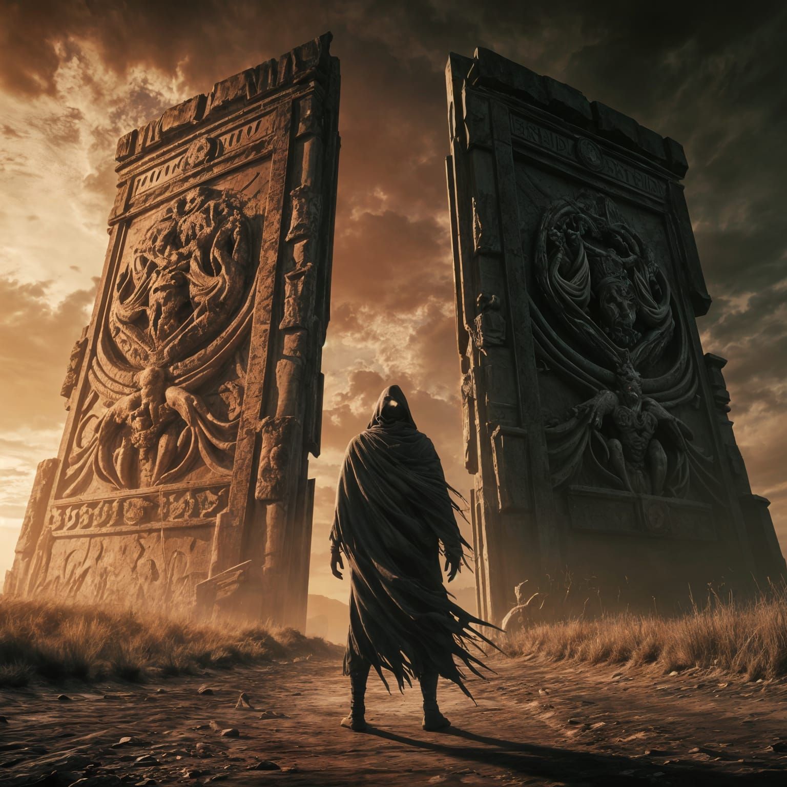 Ancient Gate with Solitary Figure in Dark Fantasy Style