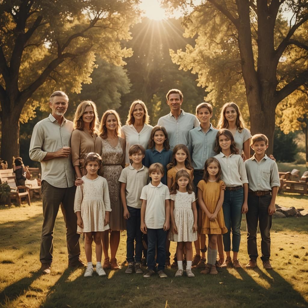 Large Family Portrait in Golden Hour Sunlight