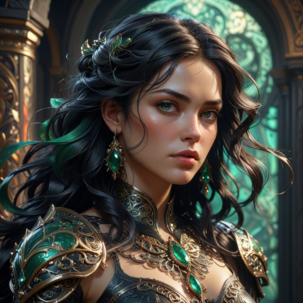 Regal Woman in Ornate Armor, Dark Emerald and Obsidian