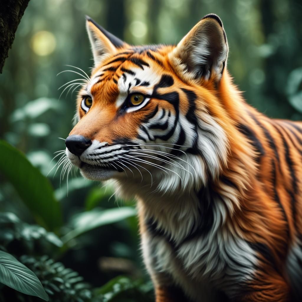 Hyperrealistic Tiger-Fox Hybrid in Rainforest