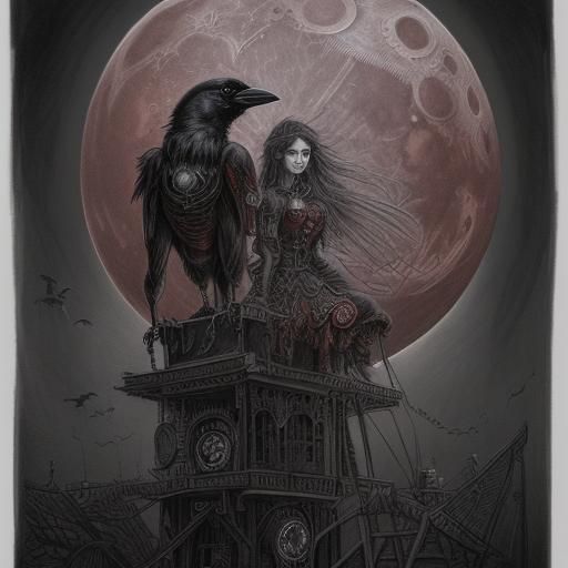 Steampunk Crow and Blood Moon Charcoal Art