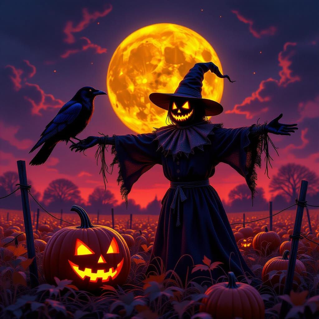Ghostly Scarecrow and Raven in Eerie Halloween Night