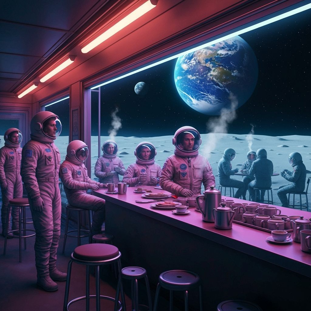 Moon Surface Cafe with Earth View in Retro-Futuristic Style