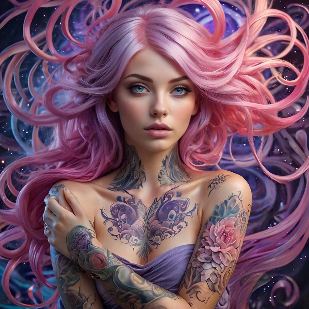 Enchanted Embrace: Tattooed Woman in a Magical Swirl