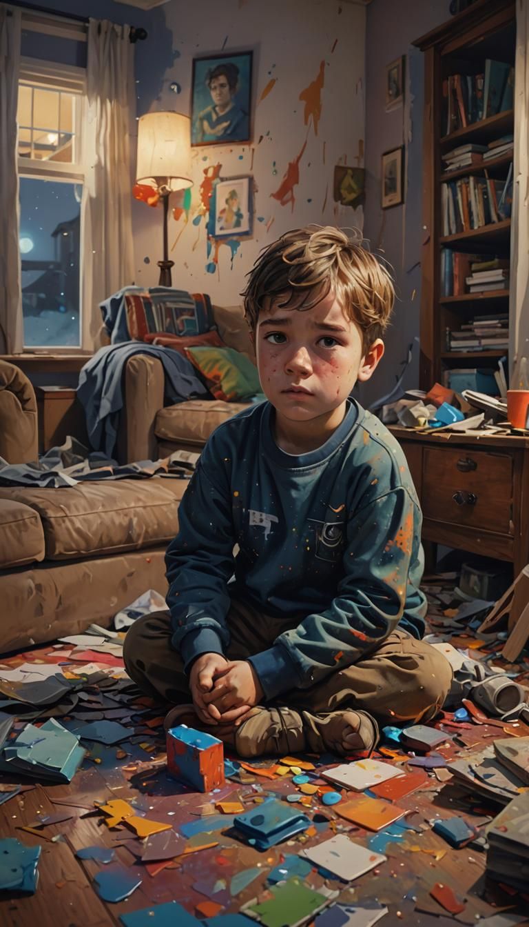 Sad Little Boy Looking at Camera in Living Room