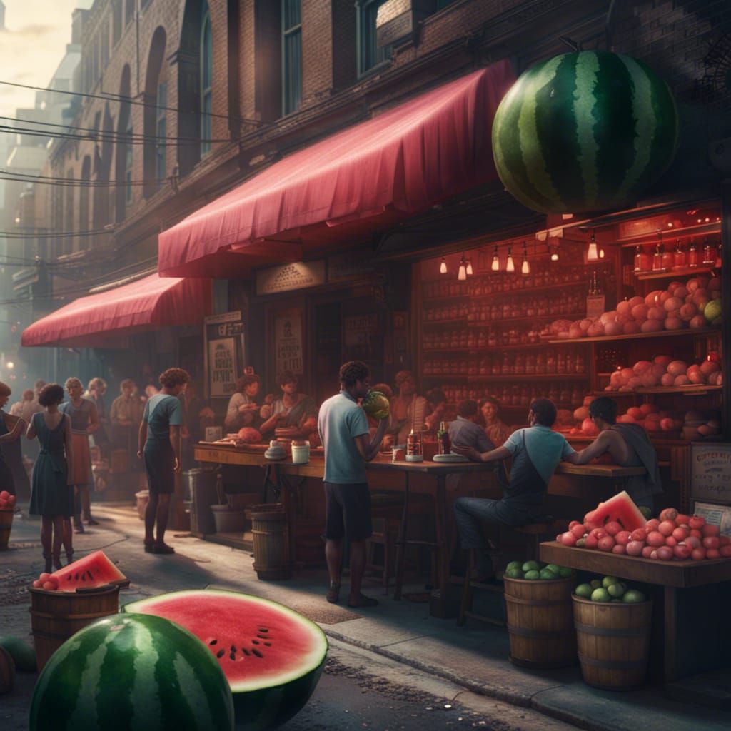 Lively Watermelon Street Scene: A Digital Painting