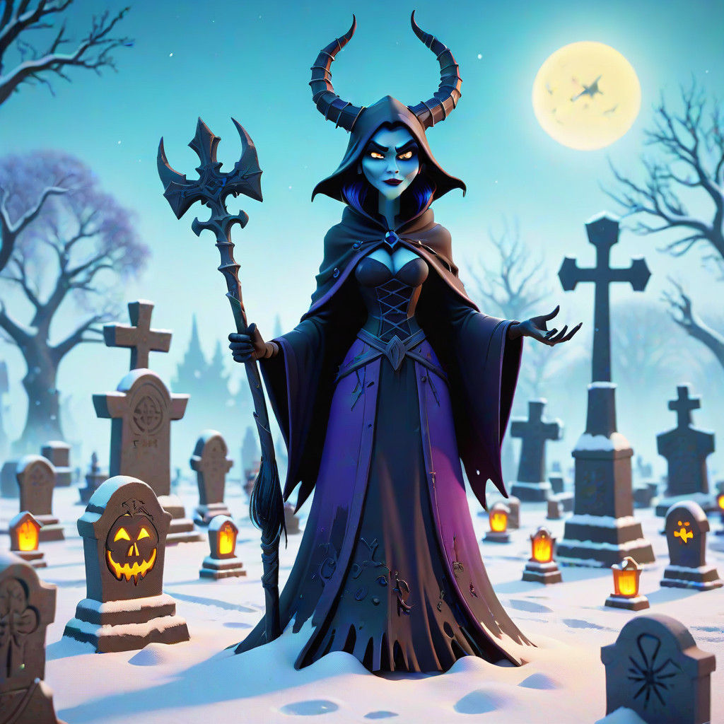 Fantasy Demoness Reigns Over Snowy Cemetery