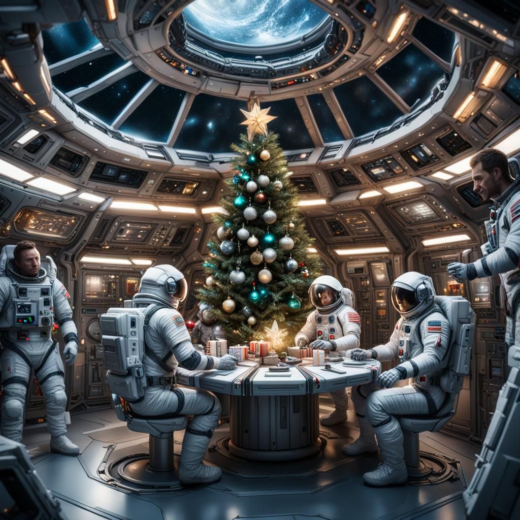 Christmas Celebration on Spaceship in Hyperrealistic Style