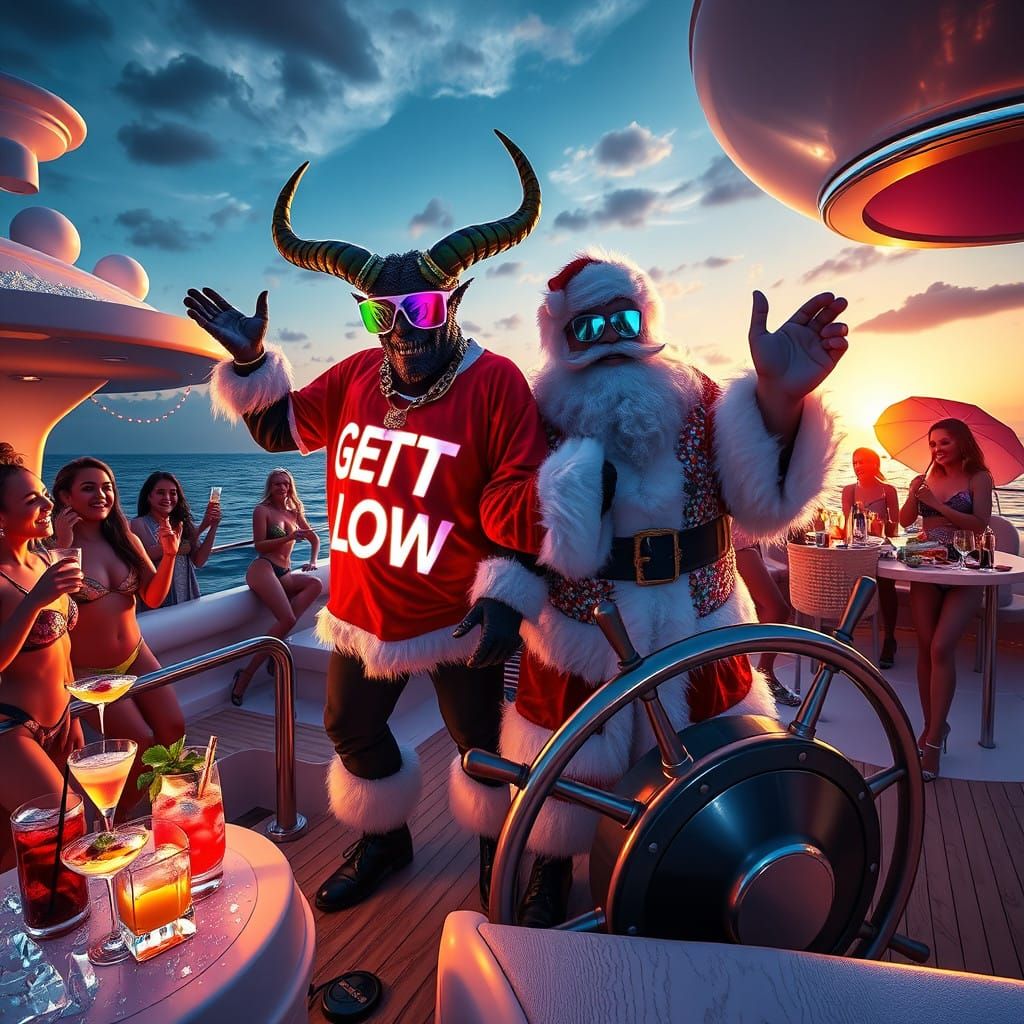 Krampus and Santa in Vibrant Party Yacht Scene