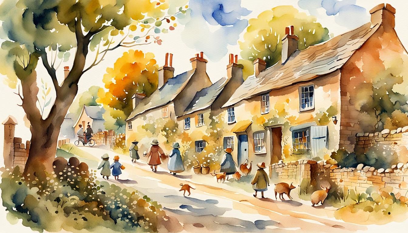 Picturesque Village Scene in Watercolor Style