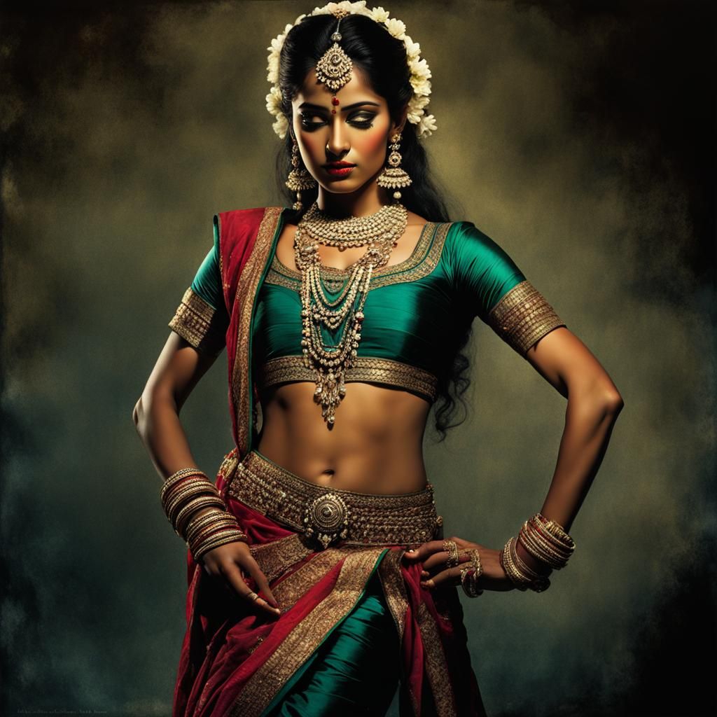 Ethereal Lavani Dancer in Luminous Silk, Ominous Dark Tones