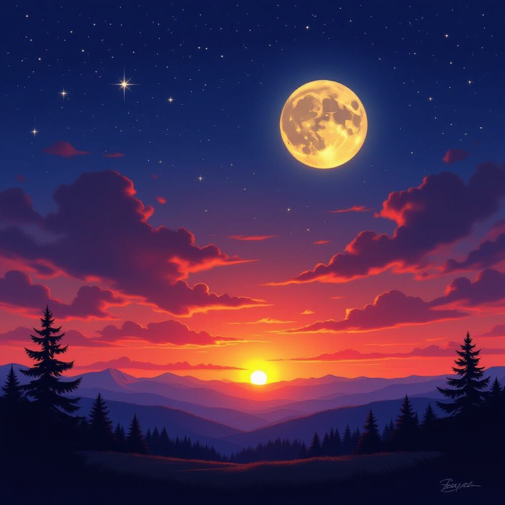 Vivid Sunset with Full Moon and Stars in Digital Painting St...