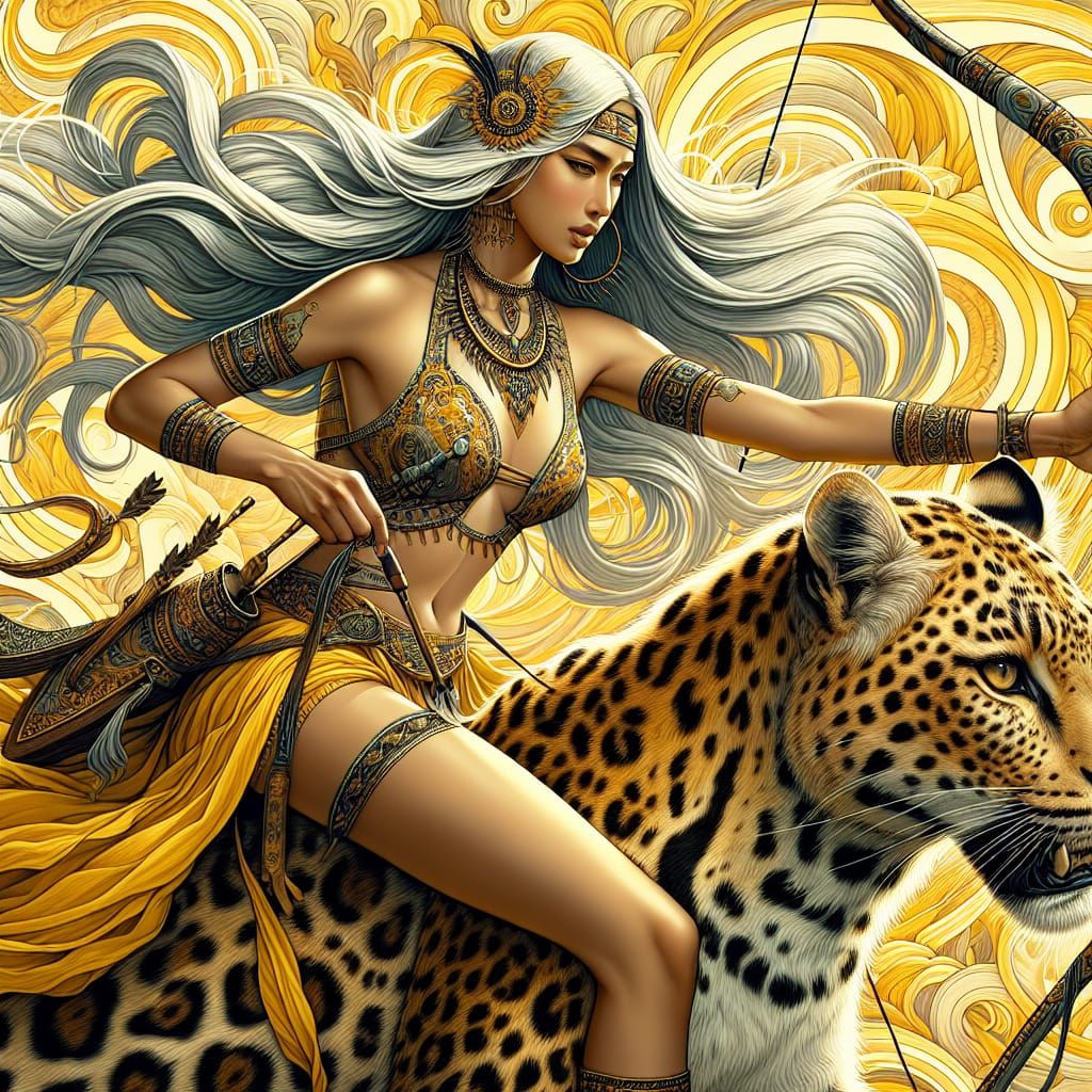 South Asian Goddess Riding Leopard in Vibrant Tribal Style