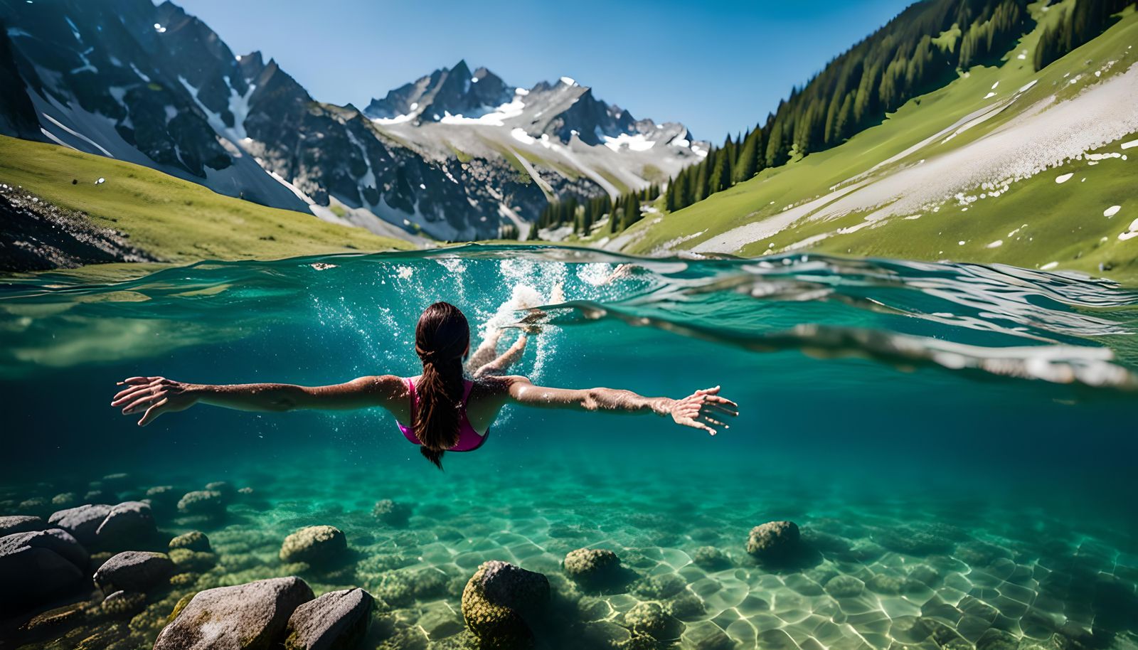 Girl Swimming in Clear Alpine Lake, Photography