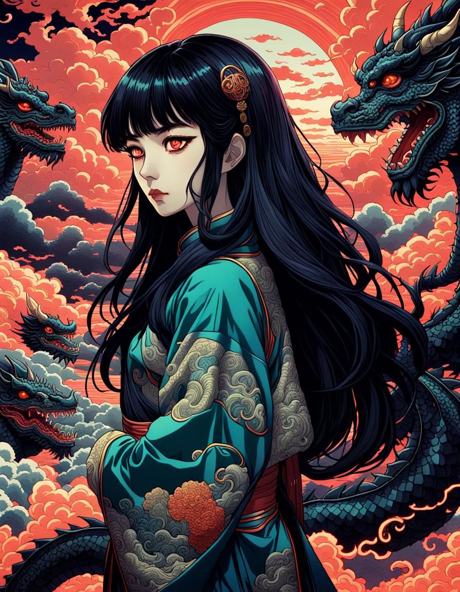 Sci-Fi Anime Girl with Dragons in Synthwave Style