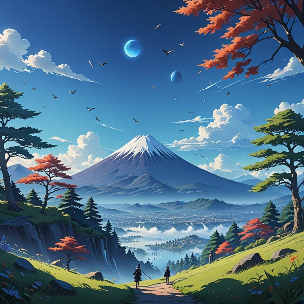 Breathtaking 3D Anime Art of Mont Fuji in a Soft Blue Haze