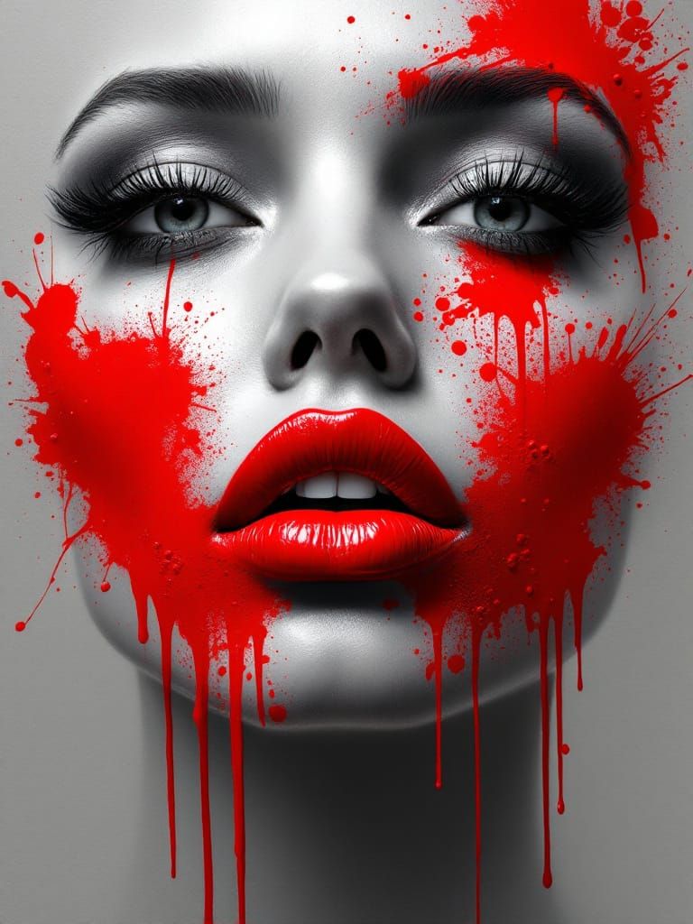 Abstract Face with Red Paint Splatter Art