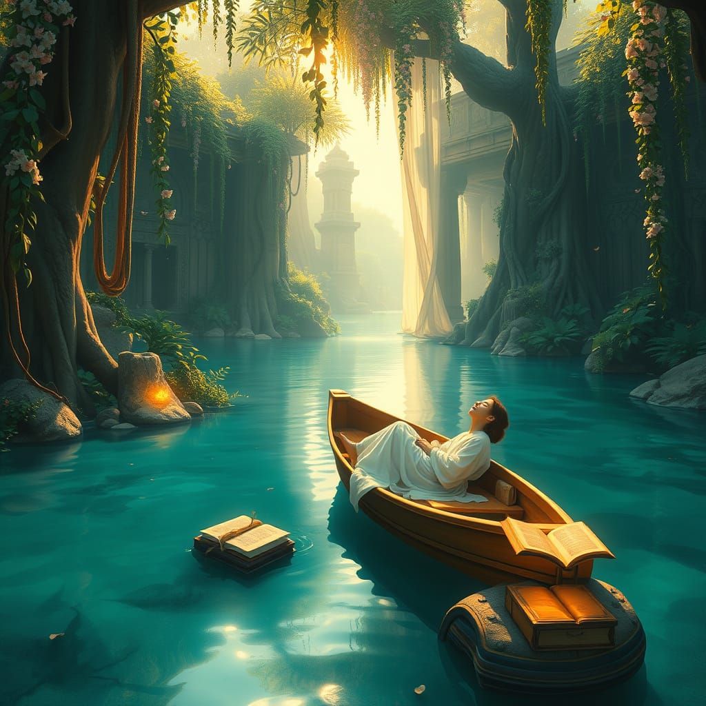 Oasis Dreamscape: Serene Figure in Floating Boat