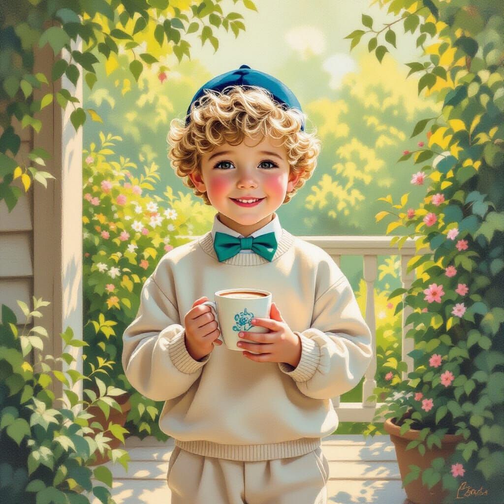 Boy with Cocoa: Whimsical Dreamscape in Soft Light