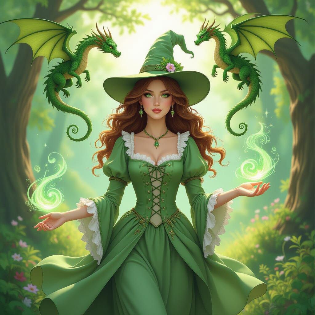 Enchanting Forest Witch with Dragon in Fantasy Art Style