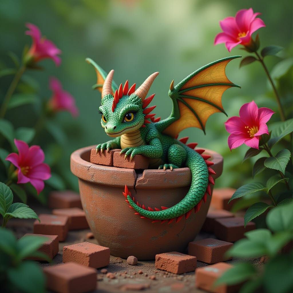Tiny Dragon Guards Brick in Surreal Garden