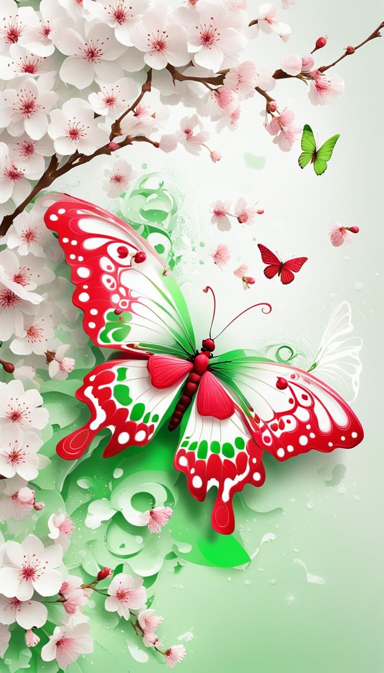 White and Green Butterfly on Cherry Blossoms