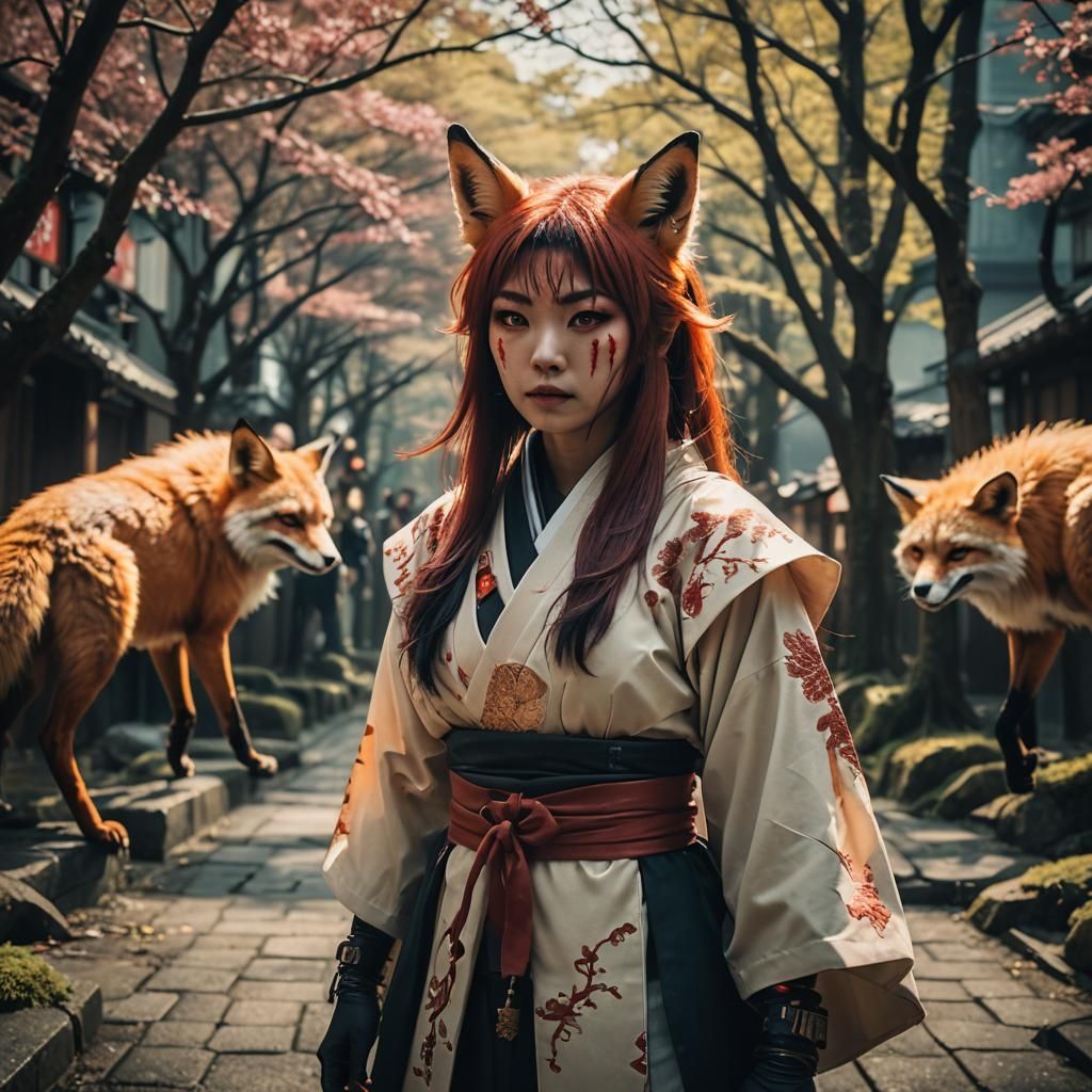Stunning Japanese Fox Demon Girl: Cinematic Film Still