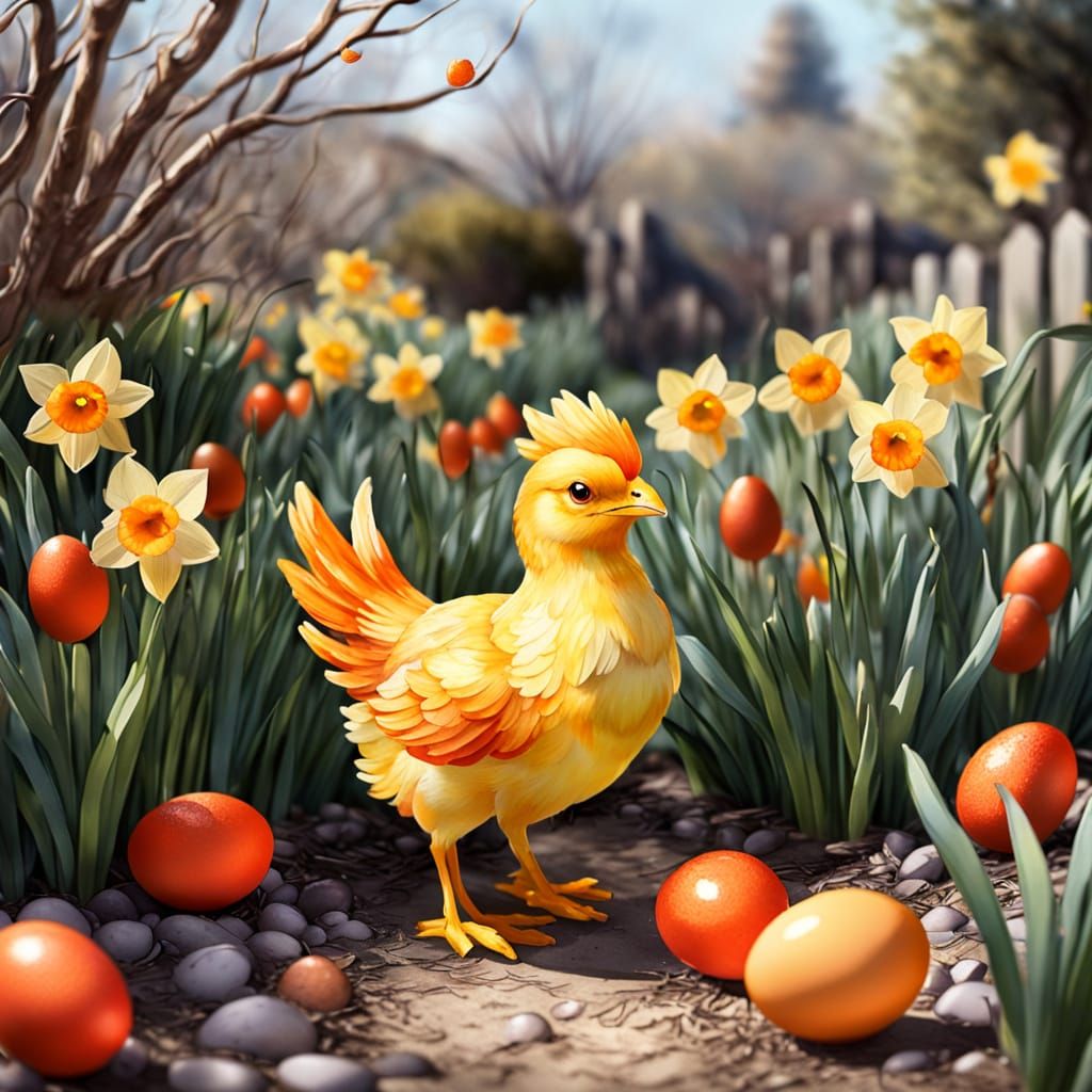 Whimsical Chibi Phoenix Among Vibrant Daffodils