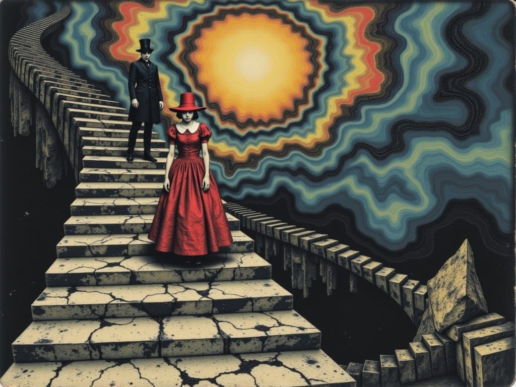 Queen of Hearts and Mad Hatter in Escher-esque Pop Art