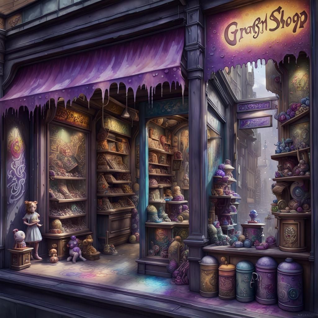 Toy Shop Window in Watercolour Graffiti Style