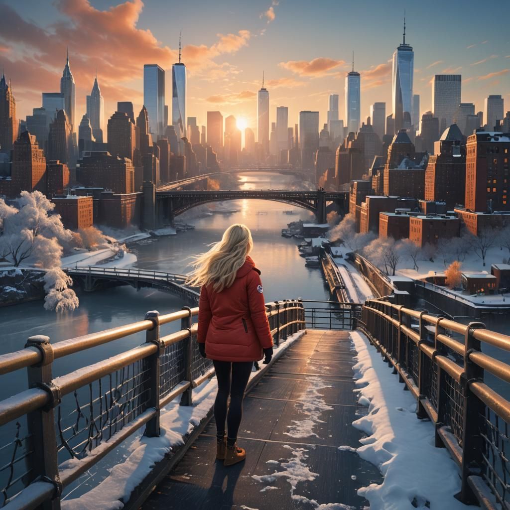 Girl in Red Jacket Gazing at New York City