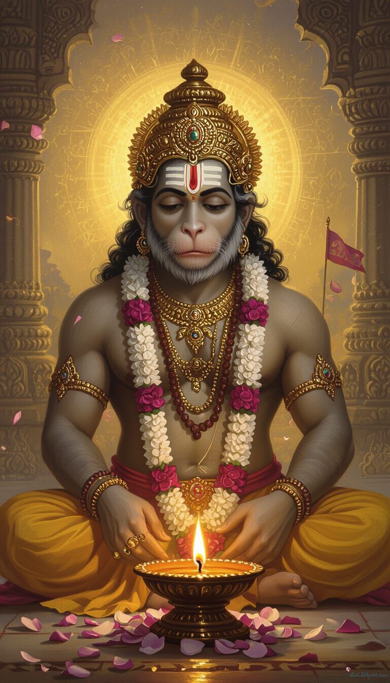 Hanuman Meditating Before Diya in Spiritual Realism Style