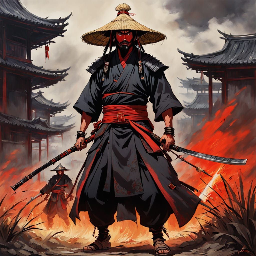 Intimidating Ronin Warrior in Chinese-Inspired Oil Painting